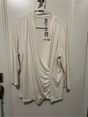 Anne Klein Ivory Faux-Wrap Ruched Front Long Sleeve Tunic